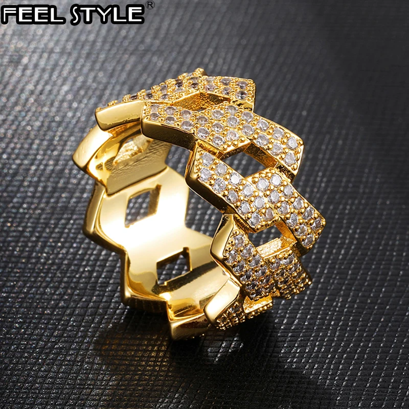 Iced Out Bling Charm Cuban Chain Ring Mens Gold Color Cubic Zirconia For Men Hip Hop Jewelry | Украшения и аксессуары