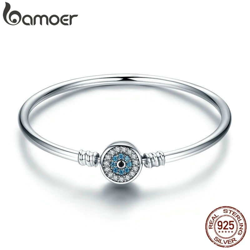 Bamoer Autentico 925 Sterling Silver Blue Evil Eye Bangle Demon Eye Bracciale Clear Cz Luxury Chain Jewelry Scb012
