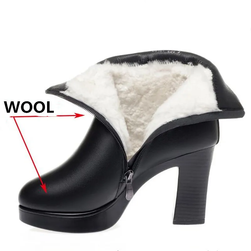 New Elegance Black 100% Genuine Leather Boots Women Shoes High Heeled Boots Warm Wool / Plush Winter Snow Boots Women's Boots