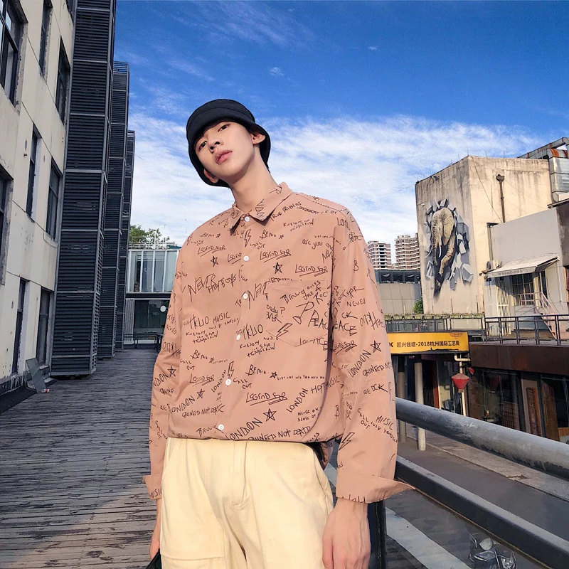 

2019 Spring And Autumn Men's New Printing Lapel Long-sleeved Shirt Loose Temperament Trend Cotton Streetwear M-2XL