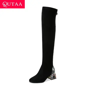 

QUTAA 2021 Crystal Square High Heel Over The Knee Boots Flock Square Toe Long Boots Zipper Autumn Winter Women Shoes Size 34-39