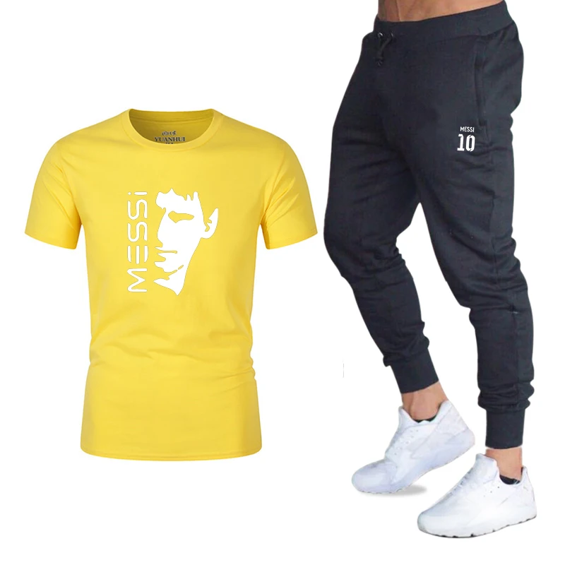 yellow Новинка, 2 предмета, спортивный костюм, летние мужские комплекты, модный костюм, мужской костюм для фитнеса, быстросохнущие штаны для фитнеса с круглым вырезом, модная спортивная одежда с принтом - Цвет: yellow