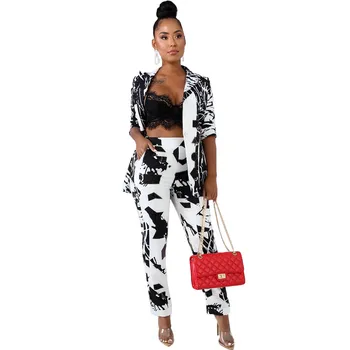 

Office Lady Blazer 2 Piece Set Women Winter Workwear Full Sleeve Graffiti Blazers Pant Suits Elegant Trouser Suit Tailleur Femme