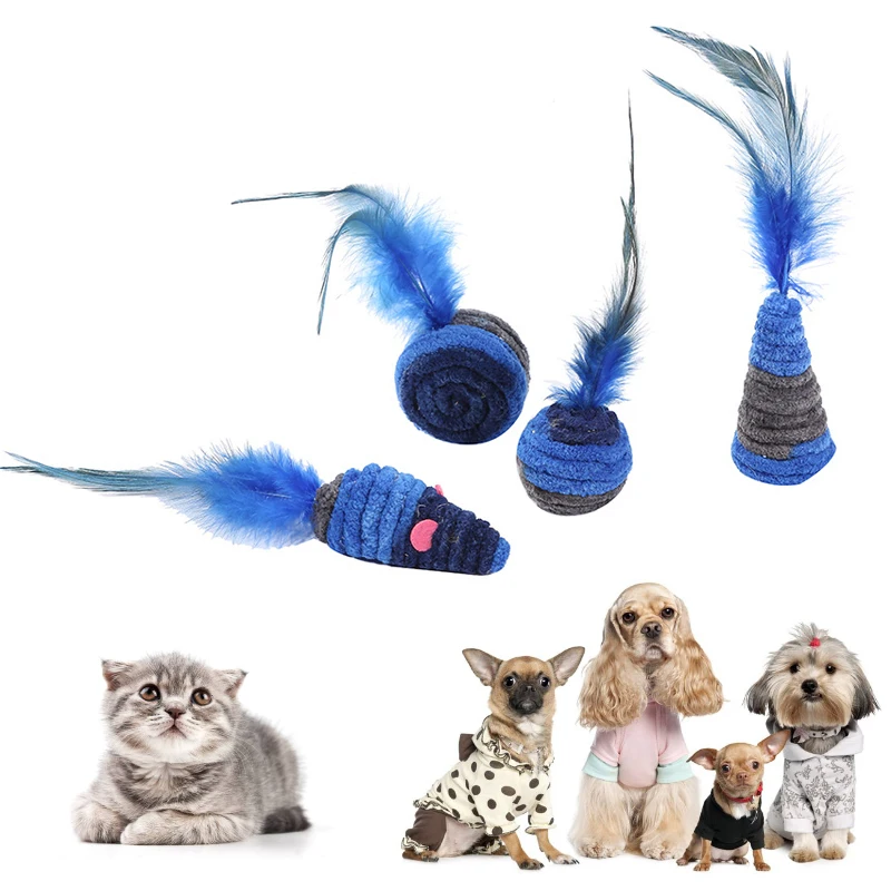 Gato-emocionado de juguete azul oscuro serie pluma juguete Anti-la depresión de la cuerda de peluche de felpa de alambre redondo gato de juguete para mascotas