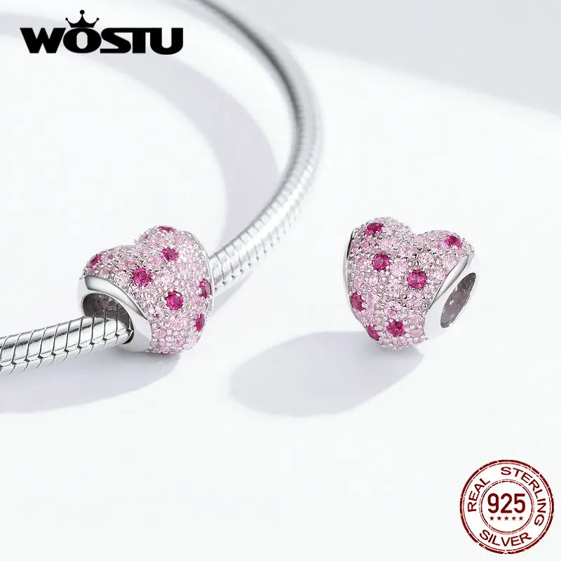 WOSTU 925 пробы серебряные бусины в форме сердца розовый прозрачный Циркон подходит для оригинального браслета Подвески для изготовления ювелирных изделий DAC118