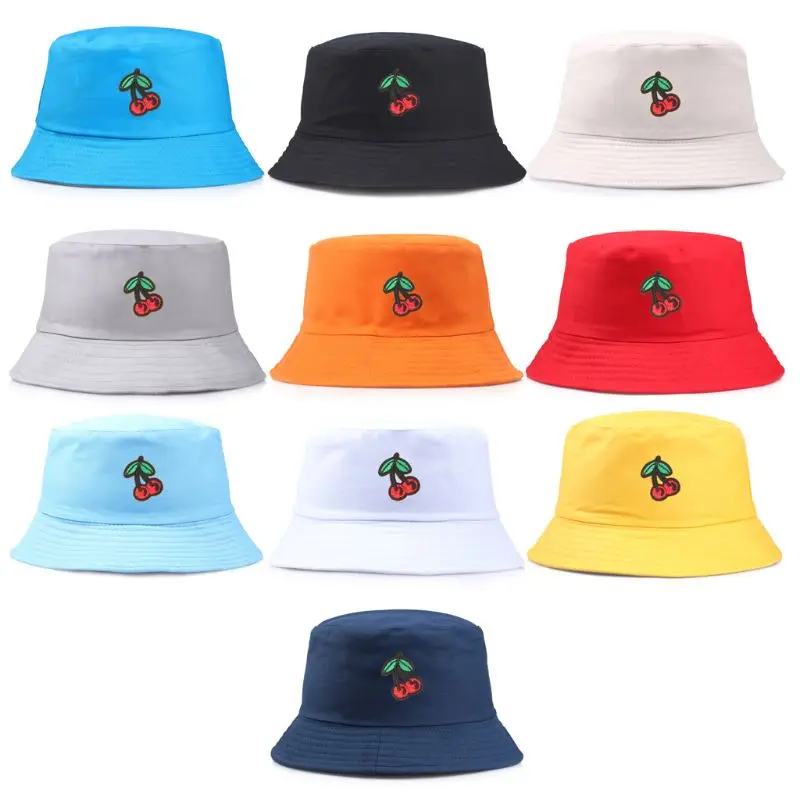 Fresh Style Women Men Cotton Bucket Hat Cute Cherry Fruit Embroidery