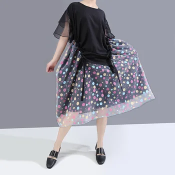 

Dots Printed Mesh Overlay Female Oversized Cute Midi Loose Dresses Vestidos Summer Casual Dress 2020 Women Black Chiffon Dress