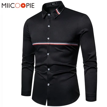 

Long Sleeve Shirts Men Dress Black White Slim Elegant Youth 2020 New Male Casua Striped Patchwork Business Wedding Formal Shirt
