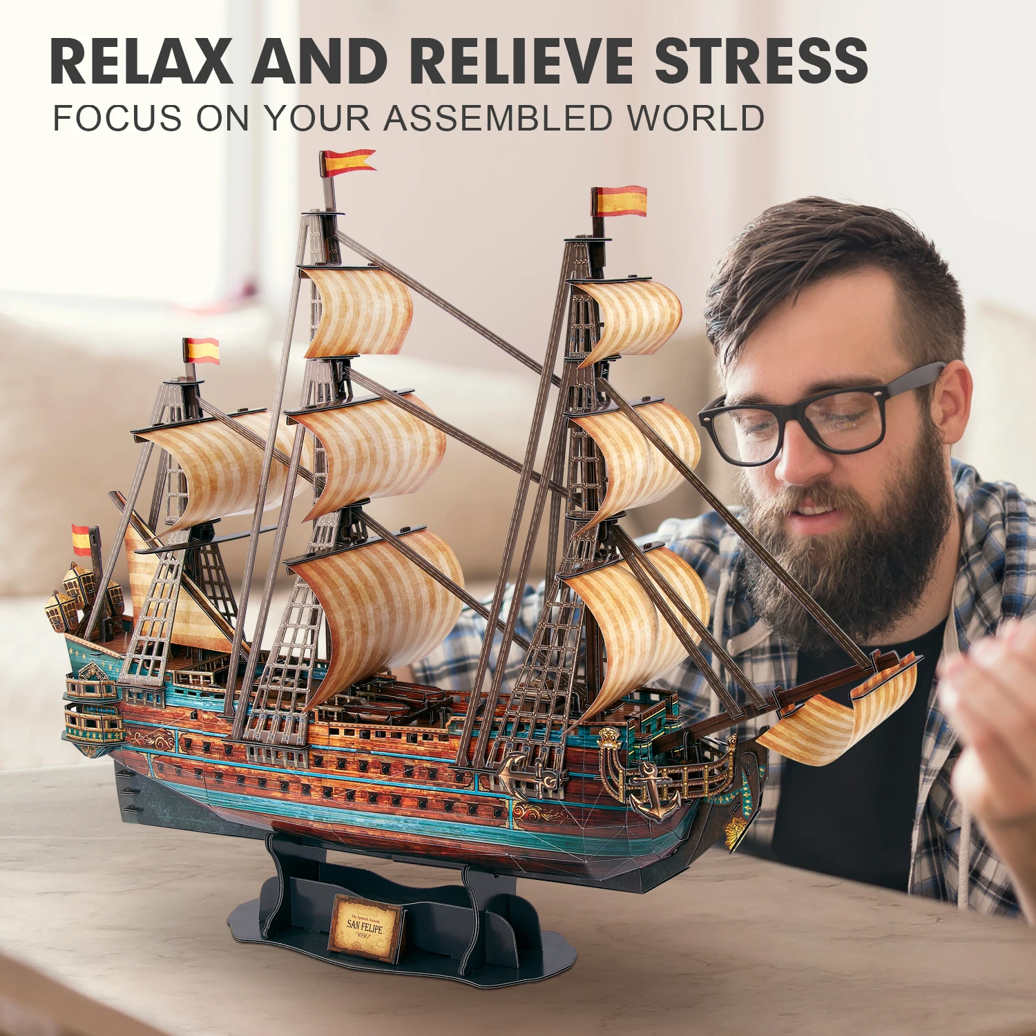 CubicFun 3D Puzzle The San Felipe Ship Model Kits 25.6" Sailboat 248 Pcs Stress Relief Home Decoration Gift for Adults Kids 4