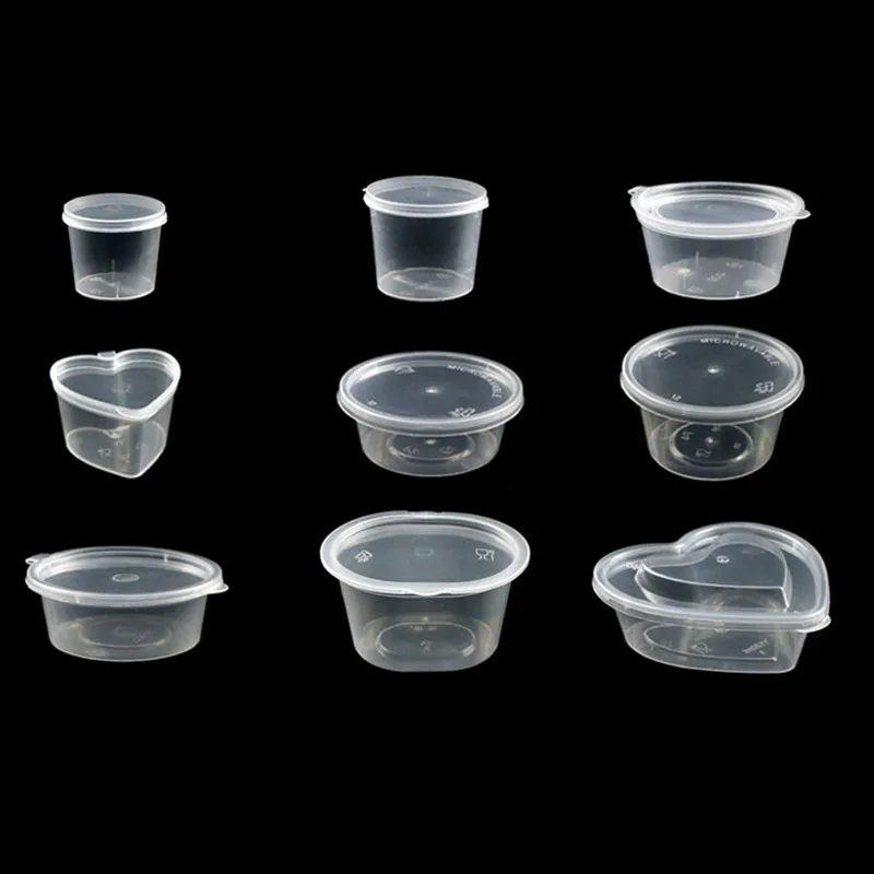 

100pcs Disposable sauce cups love round mini small transparent plastic packaged spice box heart shape pudding cup with lid