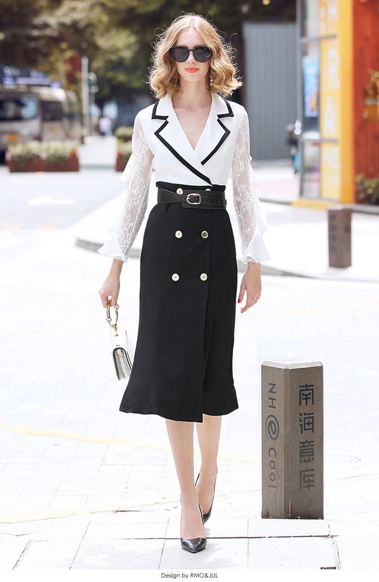 Лауренс семья RMOJUL ранняя осенняя одежда коммутационный двубортный ложный два рыбий хвост платье с кружевными рукавами