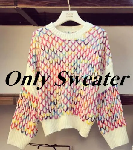Only Sweater Осень зима контрастный Радужный Ромбический вязаный свитер+ сексуальные короткие твидовые юбки женские элегантные юбки комплект из двух предметов женский - Цвет: Only Sweater