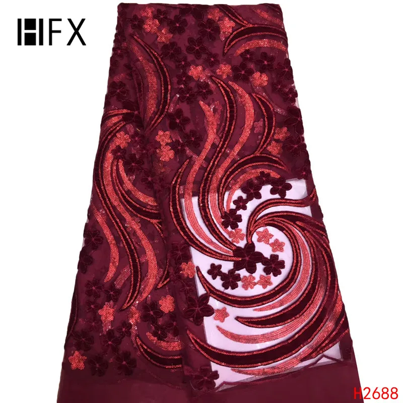 HFX нигерийская кружевная ткань качественное блестящее бархатная ткань с кружевом фуксия розовый вышитый тюль Африканское бархатное кружево ткань H2688