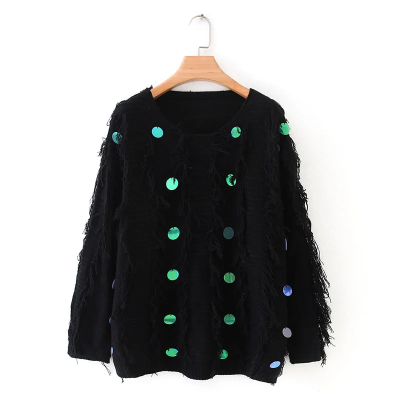 

MY913 Women Winter O Neck Hollow Out Tassels Paillette Sweater Solid Color Autumn Knitted Jumpers Tops