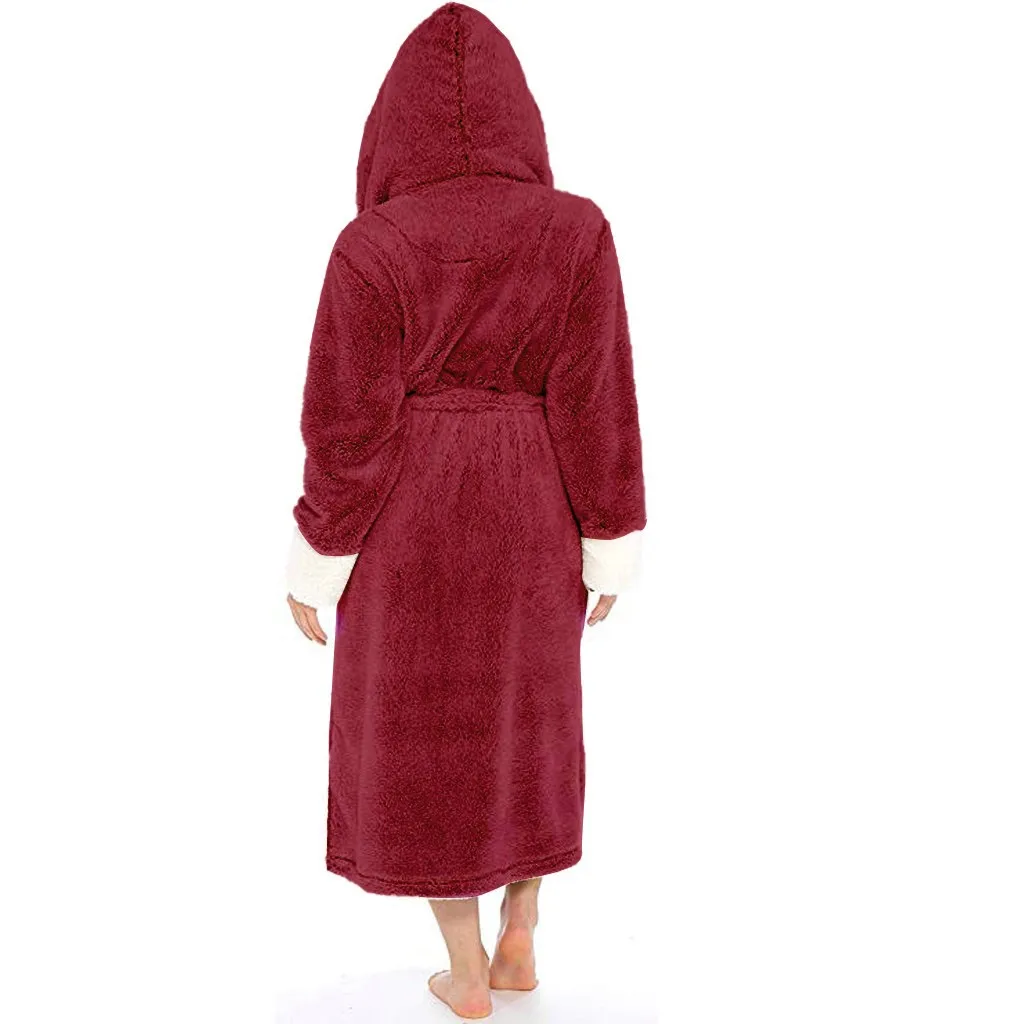 Winter Plush Lengthened Shawl Soft Bathrobe With Hood Women Nightgown Home Clothes Warm Bath Robes Dressing Gowns Robe Coat 12.5
