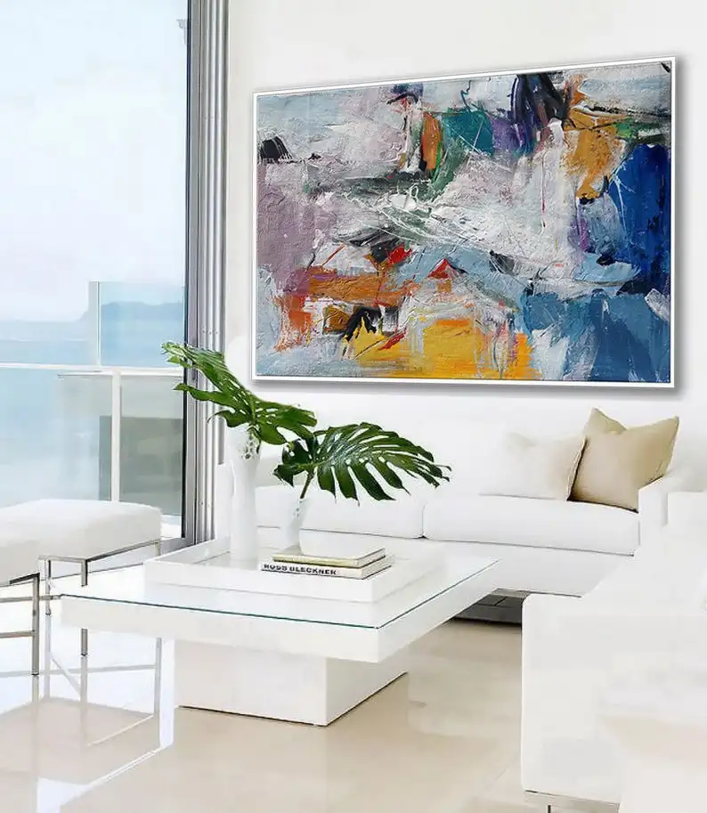 

Modern Palette Knife Wall Art Large Hand Painted Acrylic Painting on Canvas Colorful Abstract Artwork Yellow Violet Dodger Blue