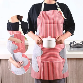 

New Hand Wipeable Waterproof Kitchen Apron Adjustable Large Pocket Stripe Japanese Style High Quality PVC Coral Velvet