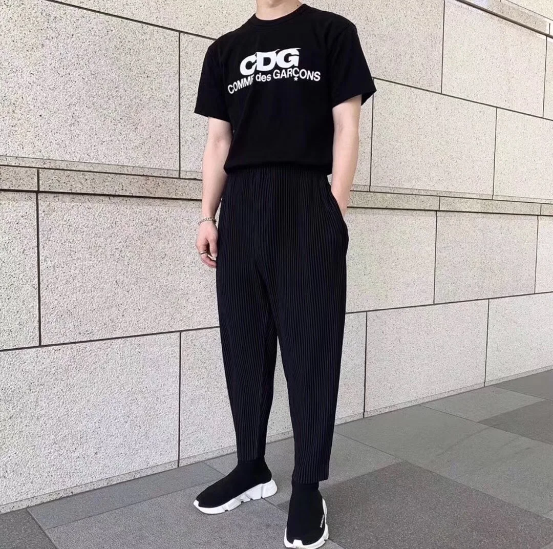 Оригинальные плиссированные штаны MIYAKE, черные и белые узкие брюки для отдыха