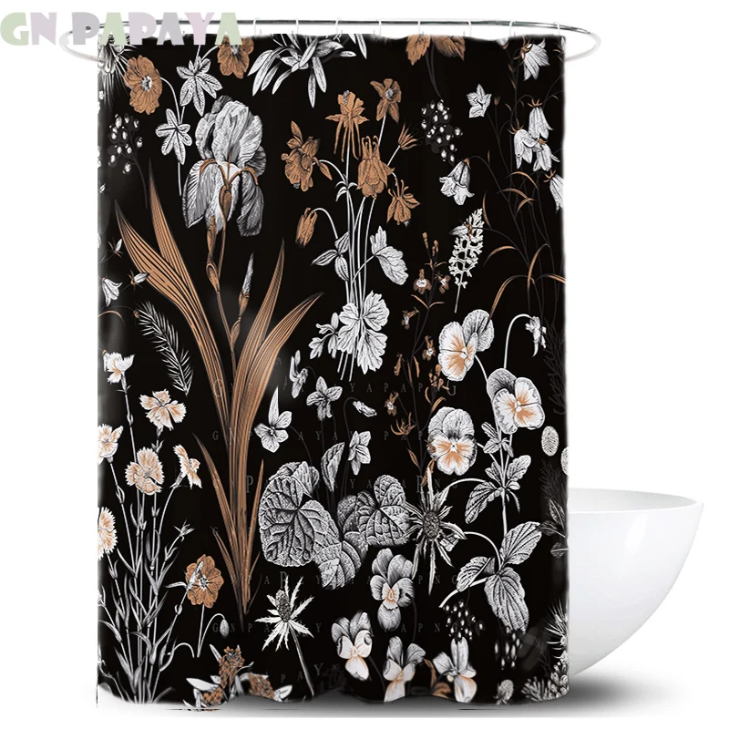 

Tropical plant black macrame Bath Curtains Waterproof Polyester Fabric retro leaf Shower Curtains Screen with Hooks Accessories