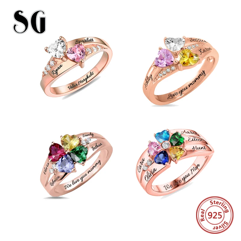 SG Personalized 925 Sterling Silver Rings Custom Heart Birthstone Ring With 2-5 Names Jewelry for women Mother day's Gift