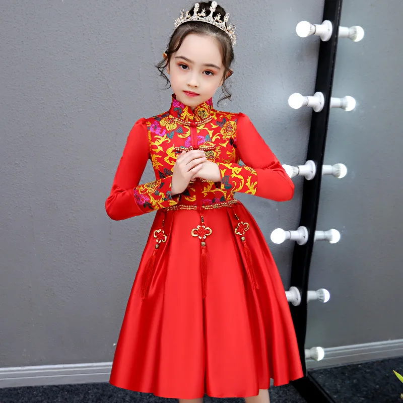 Детское платье принцессы Cheongsam красного атласа с длинными рукавами Qipao; праздничные платья для девочек с цветочным узором; Китайский новогодний костюм; традиционный Qi Pao