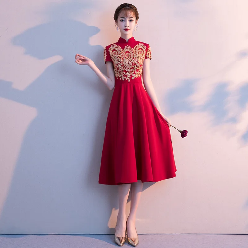 Новое вышитое свадебное платье Cheongsam бургундского цвета воротник-стойка китайское платье благородное платье De Soiree