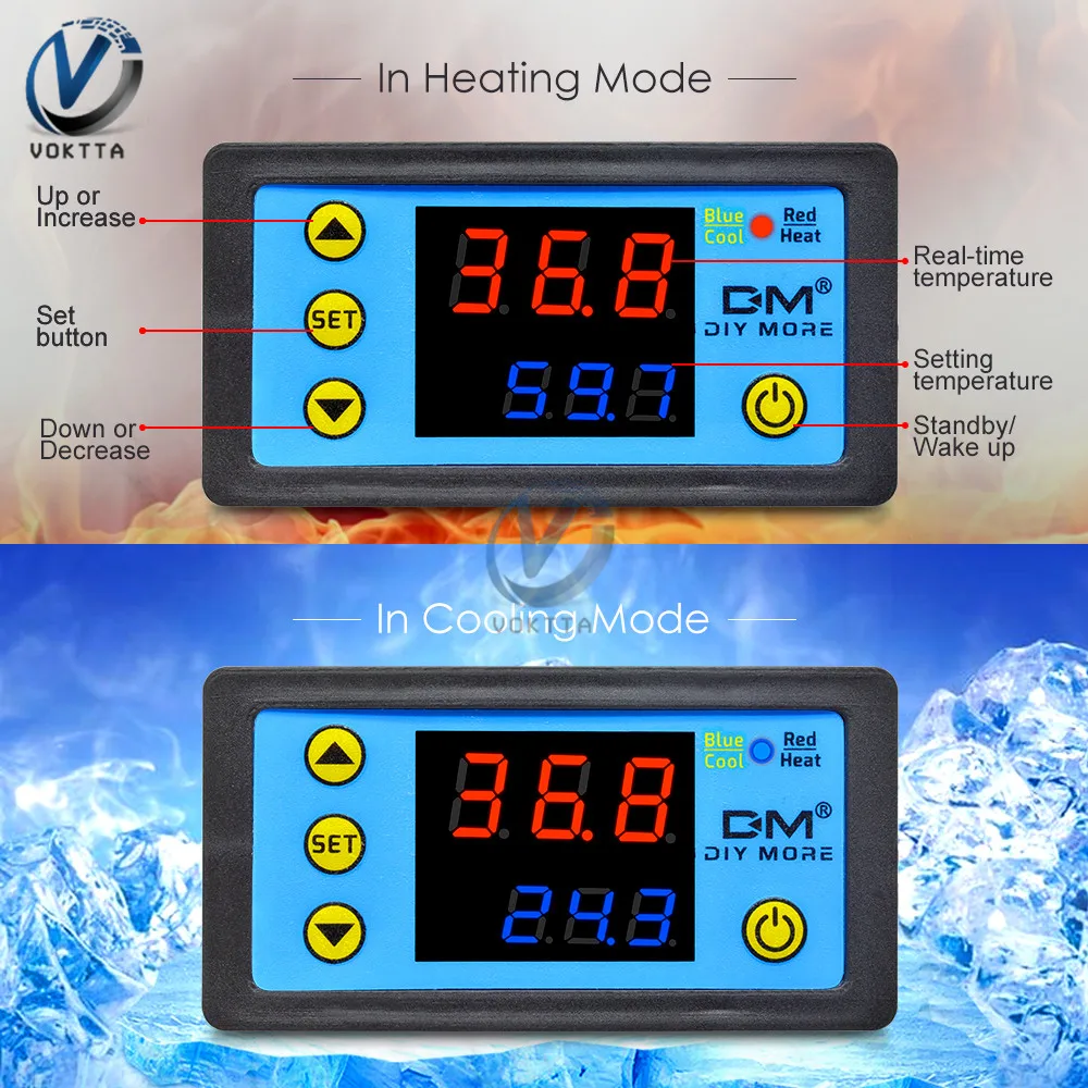 W3231 AC 110-220V DC 12V 24V термометр контроллер температуры цифровой светодиодный двойной дисплей красно-синий термостат с проводом зонда NTC