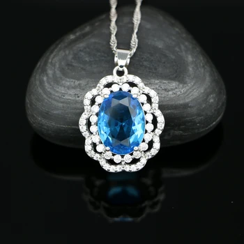 

Silver 925 Pendant Necklace for Women Sky Blue Cubic Zirconia White Crystal Party Accessories