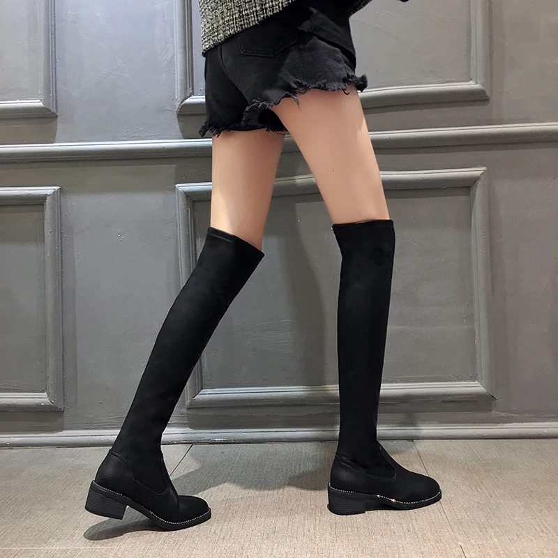 Женские ботинки Изящные пикантные Сапоги выше колена модные замшевые и кожаные сапоги до бедра женские зимние сапоги Botas Mujer