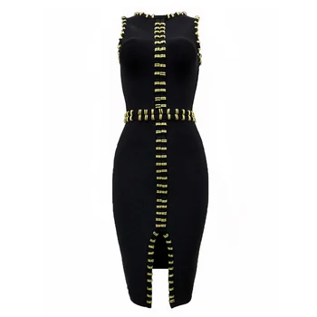

new fashion solid black white split knee-length woman bandage dress 2019 sexy sleeveless o-neck lady beading bandage dresses