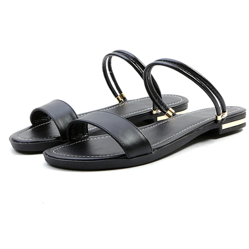 Black Leather Женские сандалии на плоской подошве из коровьей кожи; Новое поступление; женская летняя обувь; пикантные женские сандалии с металлическим украшением; цвет белый, абрикосовый, черный, золотой; C272 - Цвет: Black Leather
