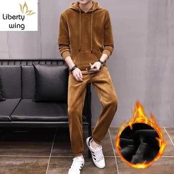 

Winter Mens Fleece Lining Joggers Sweatshirt Set Casual Hoodies Tracksuit Velvet Couple Two Pieces Long Pants Sets Big Size 3XL