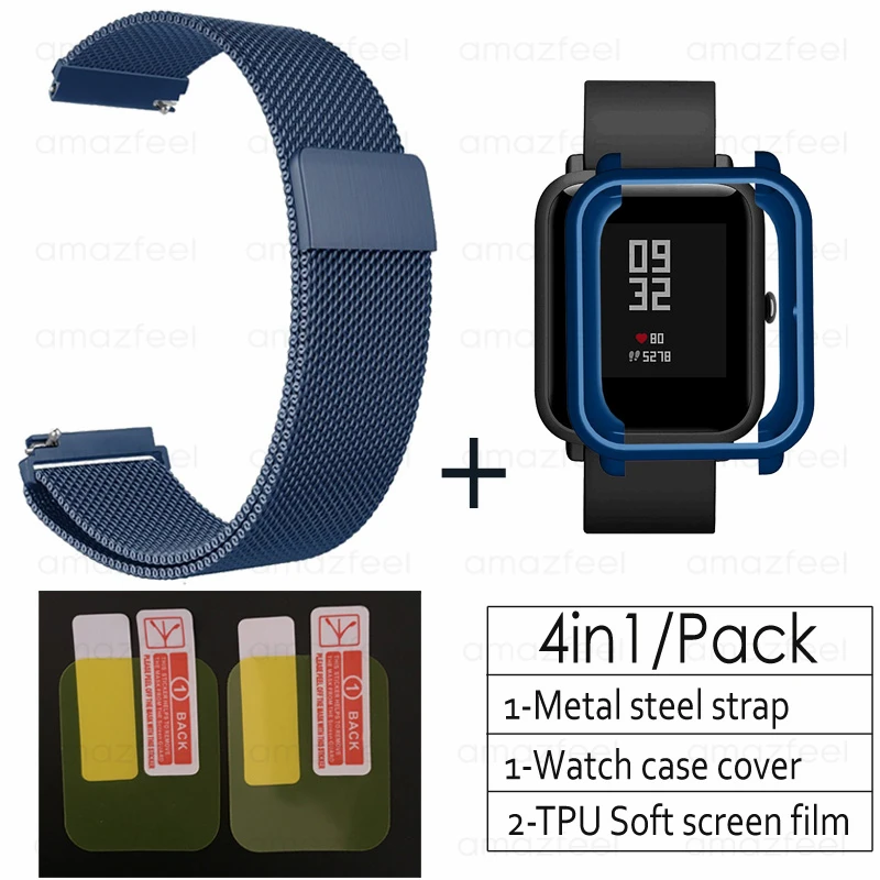 2в1 аксессуары для часов для Amazfit ремешок bip розовый чехол Защитная пленка для экрана браслет для Amazfit bip lite ремешок на запястье - Цвет: blue-blue