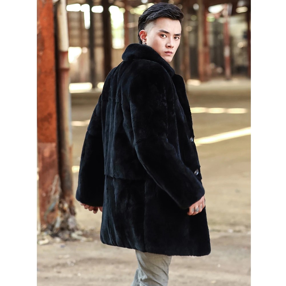 Новое мужское пальто с кроличьим мехом, модное длинное пальто с натуральным мехом, костюм с воротником, Меховая куртка, Мужская зимняя верхняя одежда