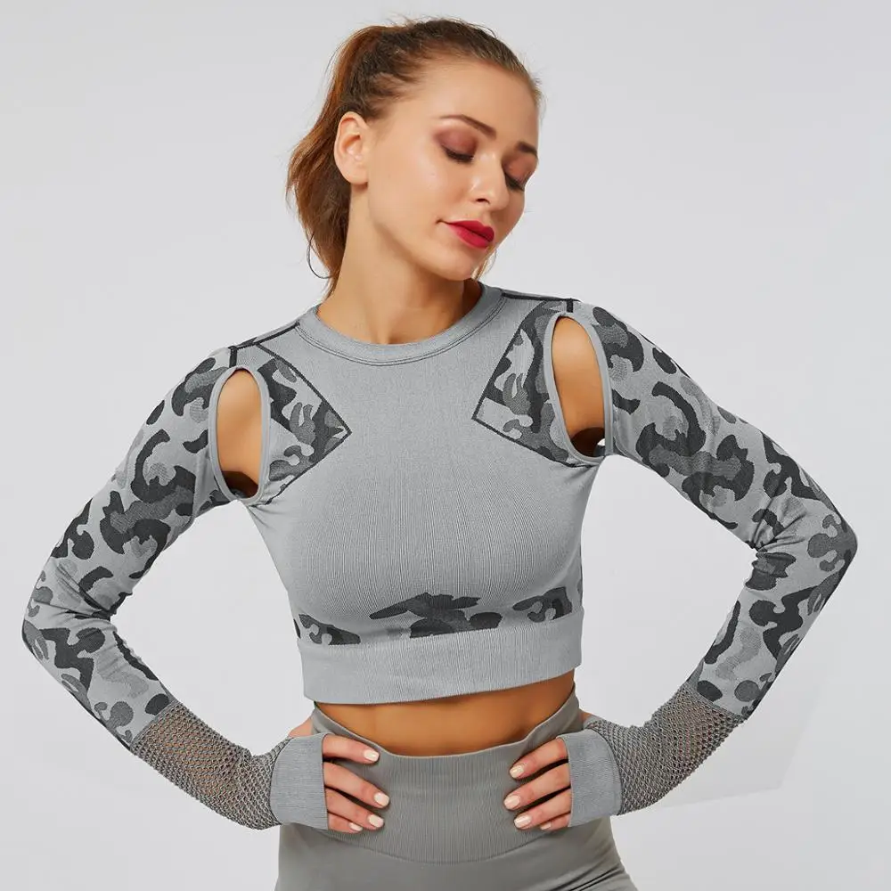 Бесшовный укороченный топ для йоги, рубашка с длинным рукавом, камуфляжная открытая облегающая одежда для фитнеса, женские облегающие топы для йоги, тренировок, бега - Цвет: GRAY