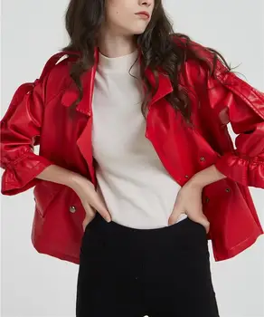 

New Women Flare Sleeve Faux Leather Jacket Double Breasted Short Black Jacket Turn-Down Collar Spliced Pu Coats