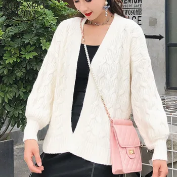

2019 Winter/autumn Women Sweater Casual Computer Knitted Cardigans Lantern Sleeve Solid Girls Sweaters Knitted Sweater 5197 50