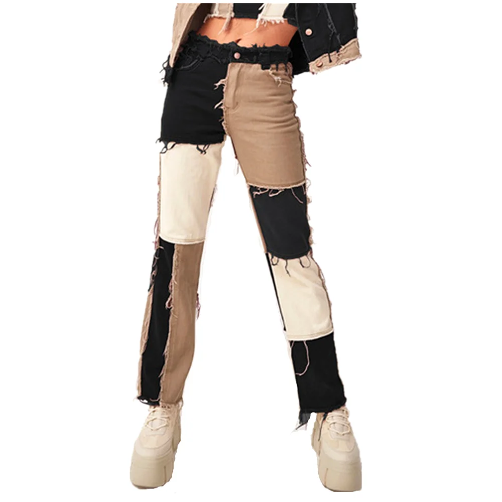 Pantalones vaqueros Cargo para mujer, Jeans rectos ajustados de cintura alta con junta de Color europeo/americano