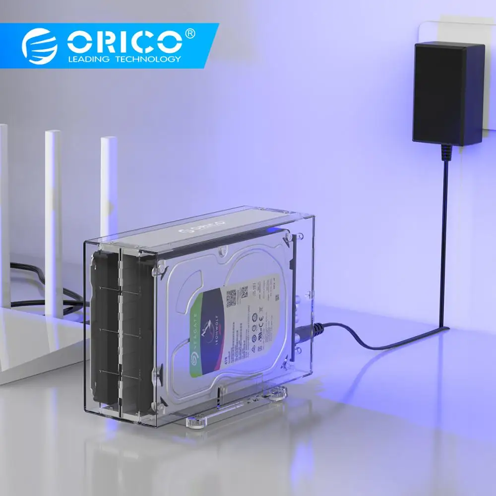 

ORICO Type C Dual Bay Portable Hard Drive Enclosure SATA to USB C Transparent HDD Dock Station UASP 24TB Add 12V Power Adapter