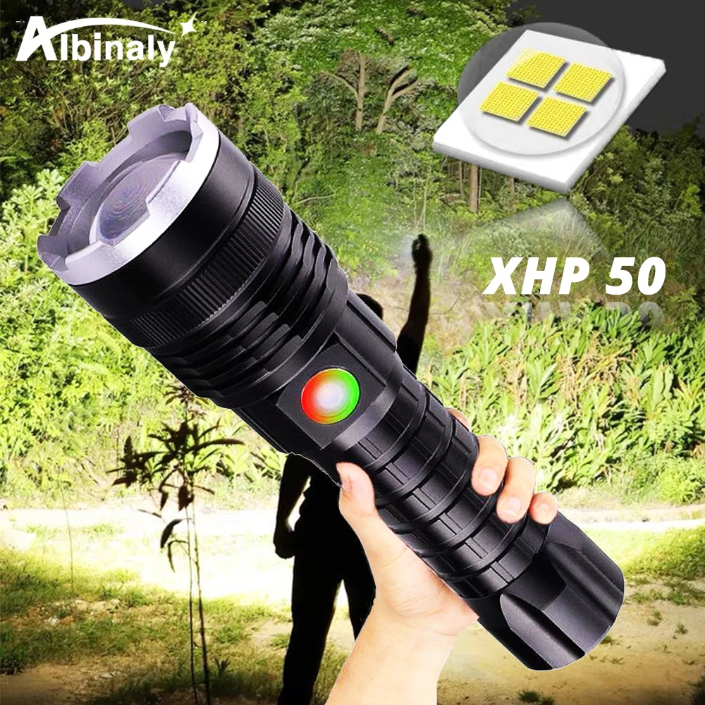 

Tactical LED Flashlight Powerful XHP50 Lamp bead LED Torch 4 lighting mode waterproof Portable lantern For night outdoors
