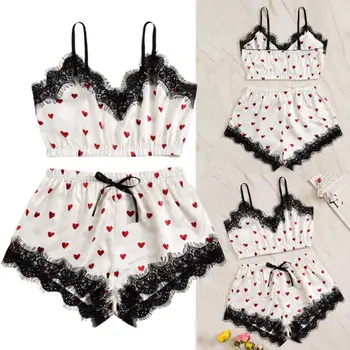 

Women Sexy Satin Pajamas Set Eyelash Lace Camisole Red Heart Shorts Nightwear M7DD