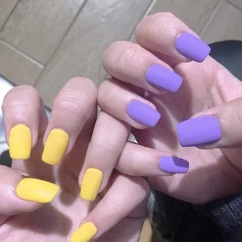 

Yellow Purple Jumping Solid Color Fake Nails with Glue Full Cover Square Head Finished Fingernails Nail Art 24pcs/set Summer DIY