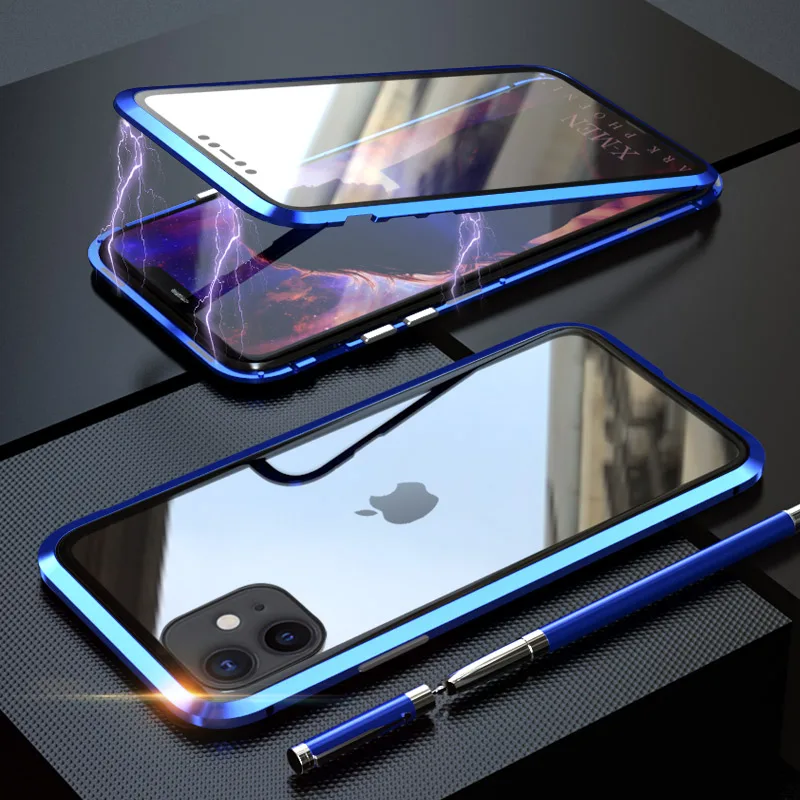 360 полный защитный Магнитный чехол для iPhone XR XS MAX X 8 7 Plus чехол из закаленного стекла для iPhone 11 Pro Max чехол coque Funda - Цвет: blue