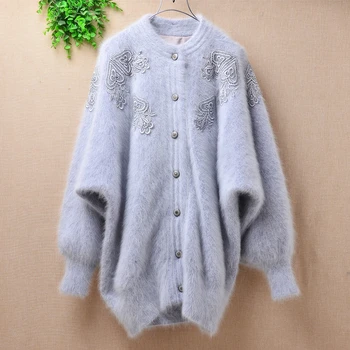 

New women bat sleeve loose large size knitted sweater angora rabbit fur coat femmn mink cardigan embroidery vintage jackets