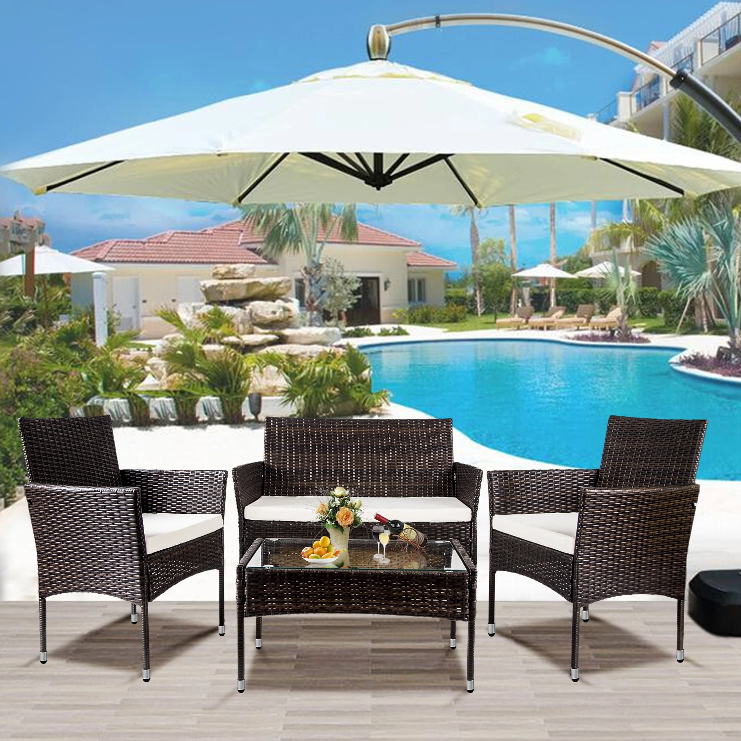 4Pcs Outdoor Garden Rattan Patio Furniture Set Include 1 2-Seat Sofa+2 Arm Chairs+1 Tea Table Brown w/ White Cushion[US-Stock]