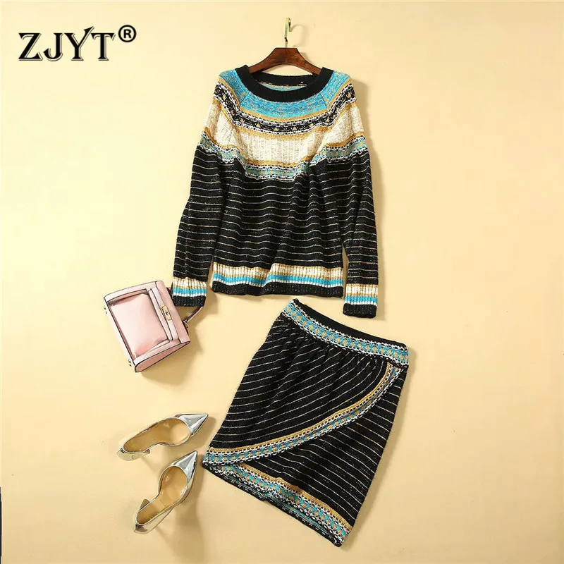 

Autumn Winter Runway Suit Skirt 2Piece Set Women Full Sleeve Pullover Color Block Loose Sweater and Skirt Matching Set Twinset