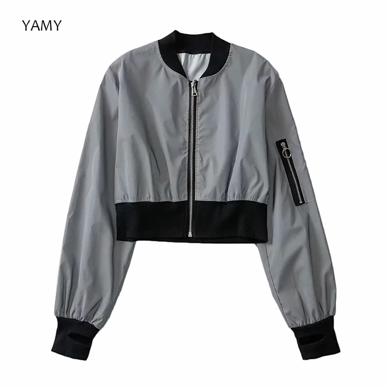 

New Womens reflective Jacket long sleeved thin Bomber Jacket punk style rockroll chic shining Jacket Coat zipper Outwear 2019