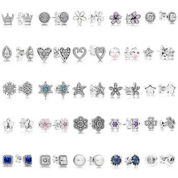 

100% 925 Sterling Silver Studs Earring Round Flower Heart Blue Crystal Studs Earring For Women Jewelry Gift
