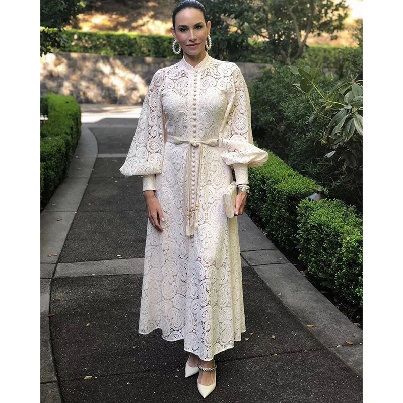 

Long dress women's autumn hollow water soluble flower lace puff sleeves 2019 new fashion elegant dress holiday robes