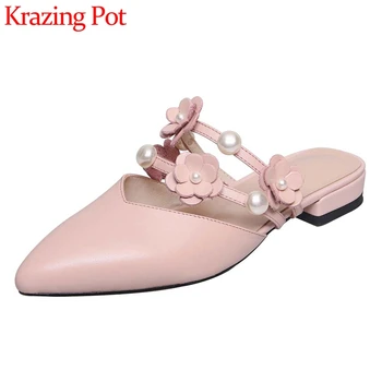 

Krazing pot large size full grain leather outside slipper pointed toe low heel flower pearl mules beauty lady casual shoes L11